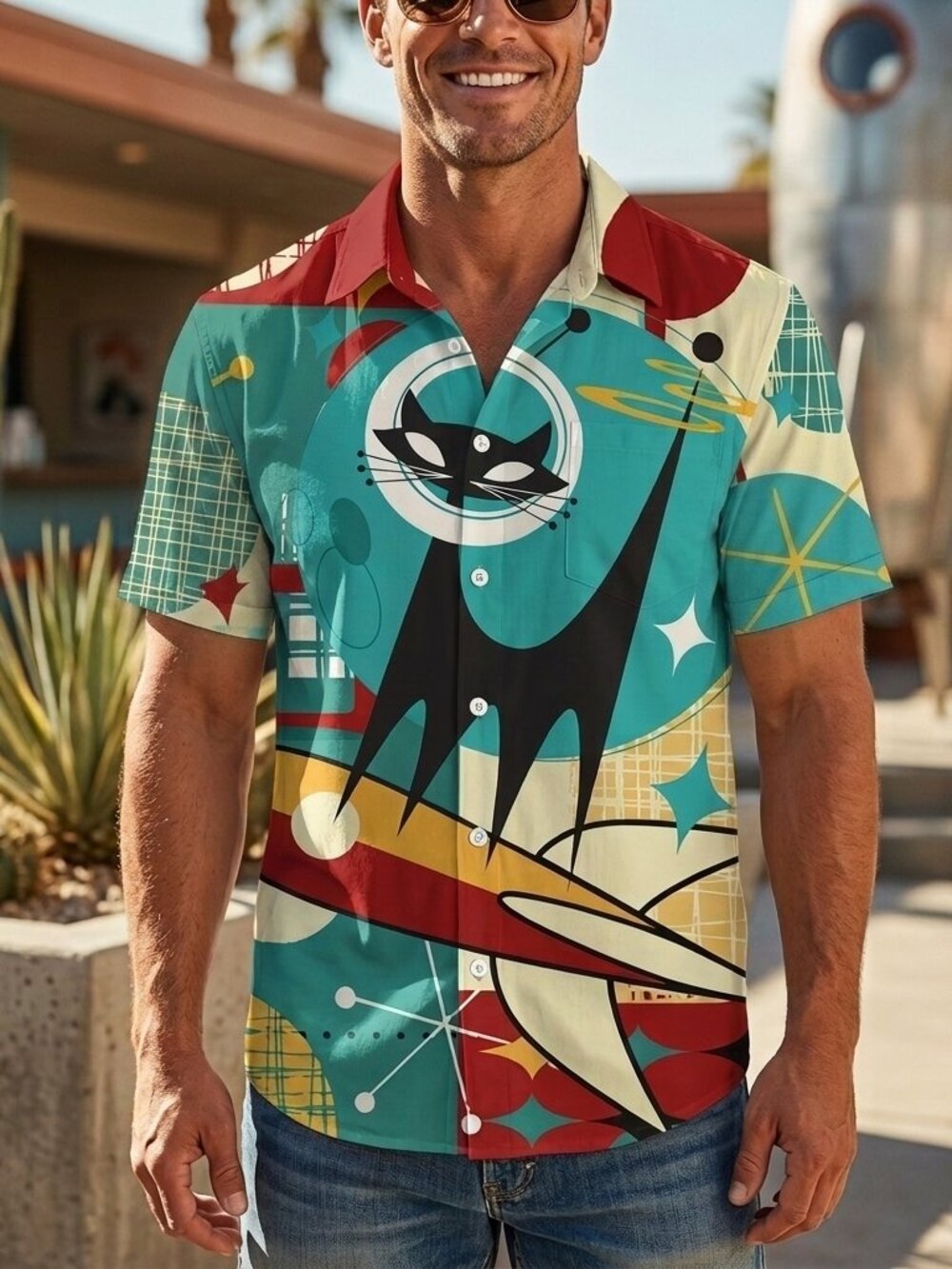 Retro Pop Art Space Cat Shirt • Vintage Graphic Button‑Up • Unisex Casual Resort